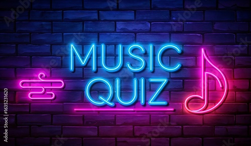 A vibrant neon sign on a dark brick wall featuring the words MUSIC QUIZZ in bold, illuminated letters. The text combines pink and blue colors, with musical notes accentuating the design. The overall a