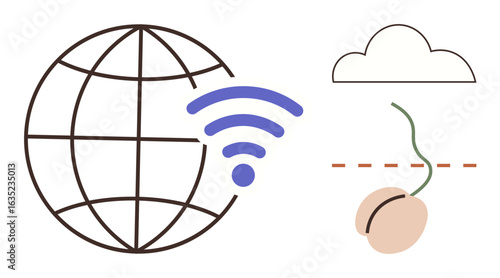 Earth globe with wireless signal, cloud outline, and sprouting seed connected by a dashed line. Ideal for global communication, technology, innovation, growth, cloud services, environment