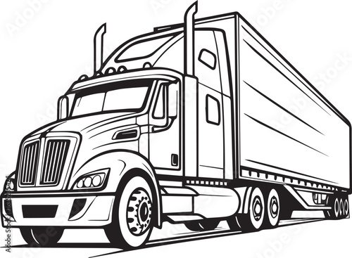 Monochrome Detailed Vector of Semi-Truck and Trailer in Black and White Line Art