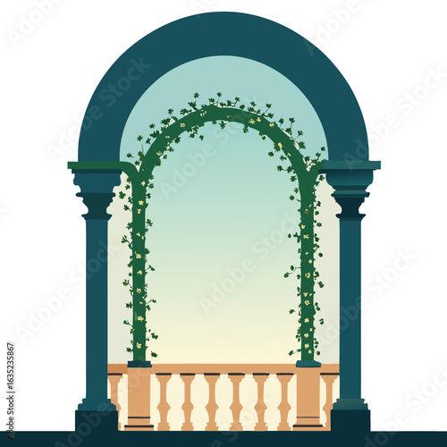 Elegant architectural archway with climbing green vines and a decorative balustrade in soft gradient light