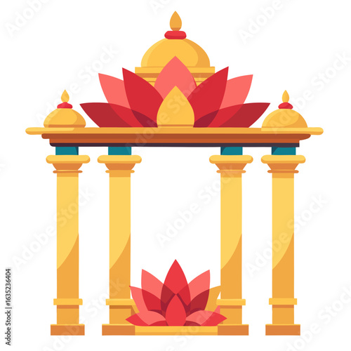 Ornate golden temple pavilion with red lotus flowers and decorative domes on a black background