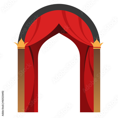 Elegant red velvet curtains draped over an arched doorway with golden decorative crowns on pillars