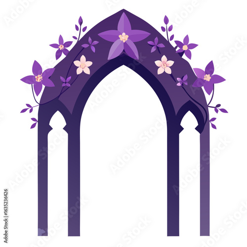 Ornate gothic archway adorned with delicate purple and pink flowers and greenery