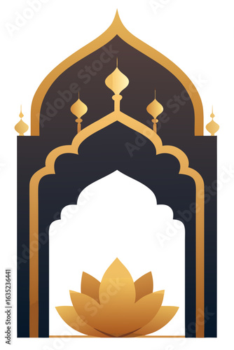 Elegant golden archway with lotus flower design against a dark background symbolizing tradition and beauty