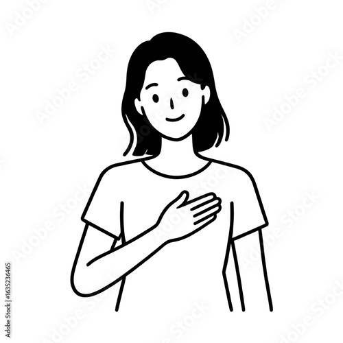 Illustration of a woman with hand over heart wearing a shirt with short hair and a gentle smile