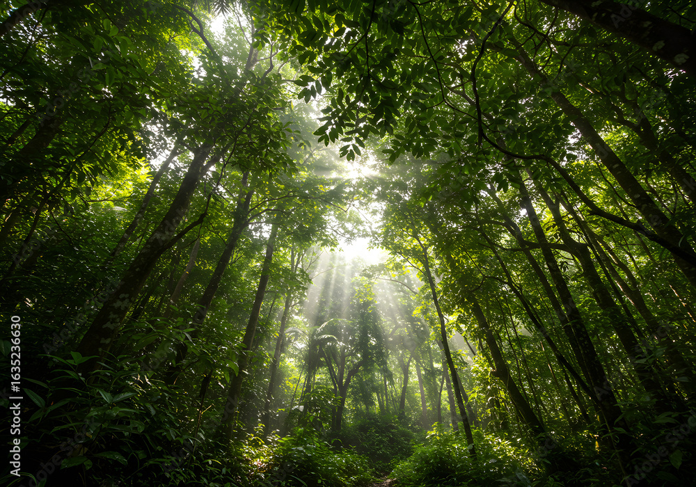 Naklejka premium Sunlight streams through the canopy of a lush, green forest, illuminating the dense foliage below.