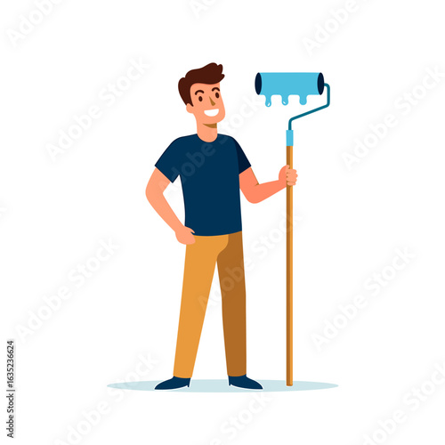 Man standing with paint roller and wearing a shirt and pants ready for painting project at home