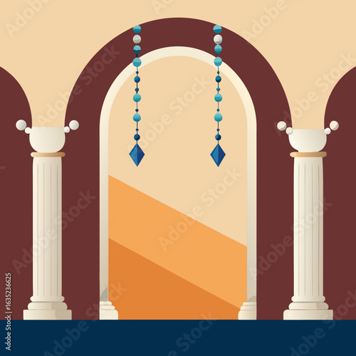Elegant architectural archway with classical columns and decorative hanging blue jewel ornaments