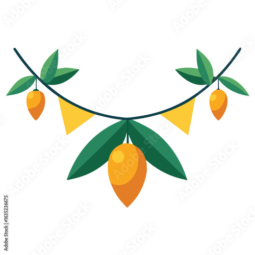 Festive garland with hanging mangoes and yellow triangular flags on a dark background