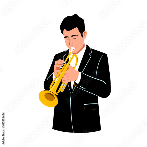 Man in suit playing a golden trumpet with eyes closed in a focused musical performance art