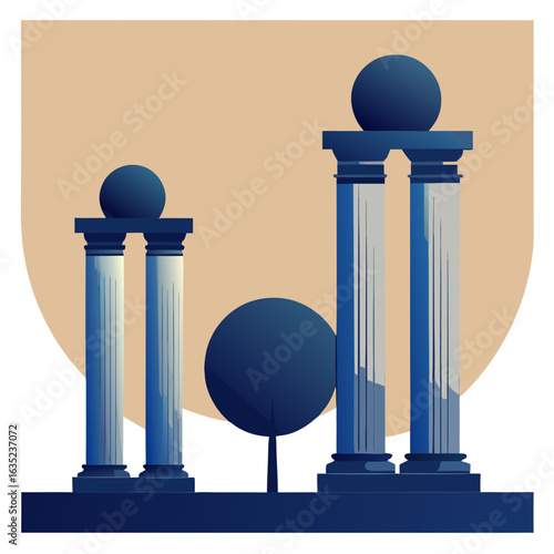 Stylized illustration of classical architecture featuring two sets of fluted columns topped with spheres and a spherical tree