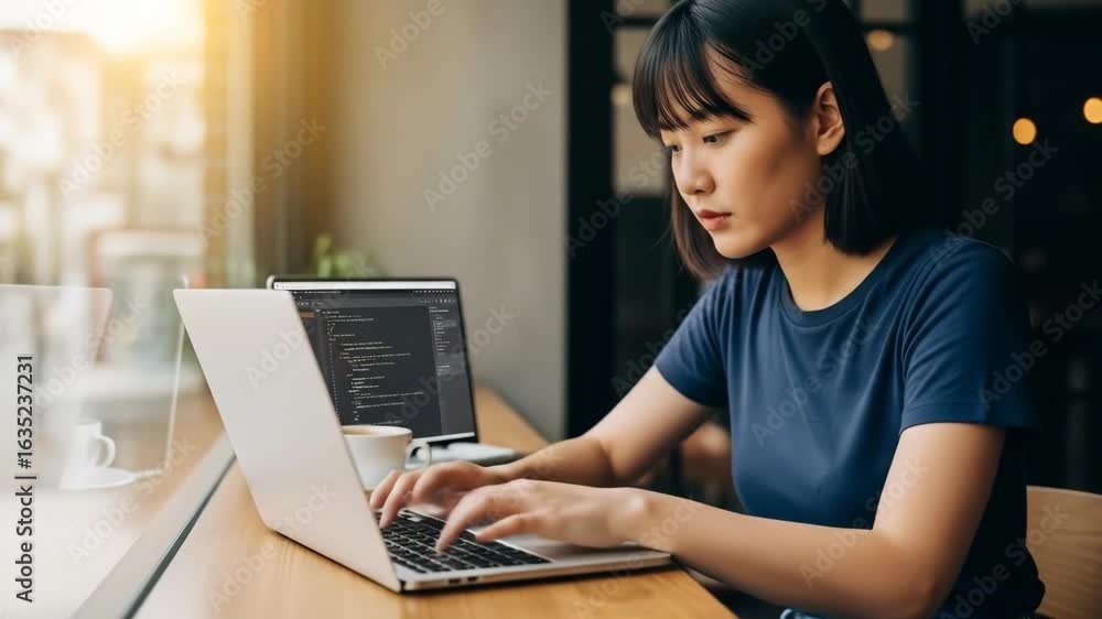 Focused Young Woman Working on Laptop in Bright Cafe Focused Young Woman Working on Laptop in Bright Cafe