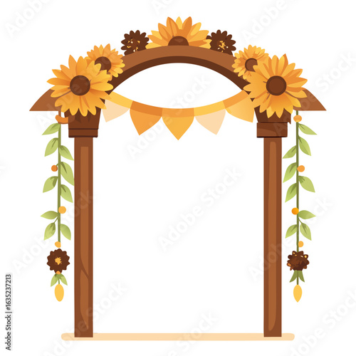 Rustic wooden archway adorned with sunflowers leaves and festive bunting for autumn celebrations