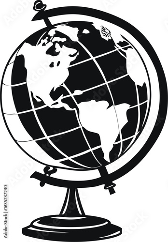 Black and white globe on stand with continents and meridians world earth style vector illustration EPS file download