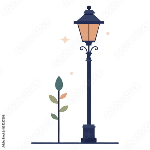 Vintage street lamp illuminates a small plant with soft glowing lights and gentle sparkles at night