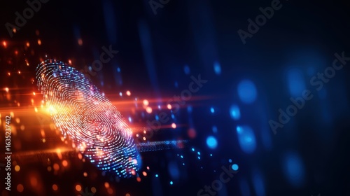 A vibrant digital fingerprint glows amidst a backdrop of colorful lights, symbolizing security and identity in the technological realm.