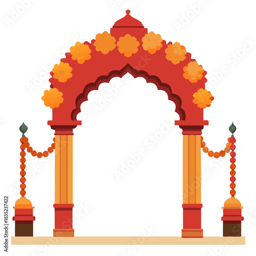 Decorative indian archway adorned with marigold flowers and auspicious garlands for celebrations