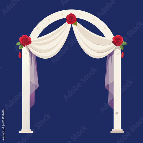 Elegant white wedding arch adorned with red roses and draped fabric against a deep blue background