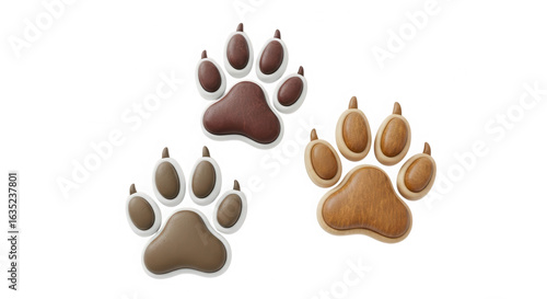 Three distinct animal paw prints with textured pads and claws shown in a cluster isolated on transparent background