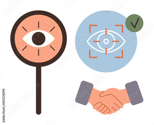 Magnifying glass with an eye, biometric eye scan verification with checkmark, and handshake. Ideal for security, trust, technology, partnerships, contracts verification collaboration. Simple flat