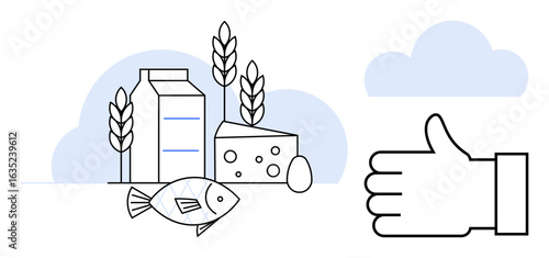Milk carton, cheese, egg, fish, wheat plants, and thumbs-up sign promote balanced nutrition and wellness. Ideal for health, wellness, agriculture sustainability food industry diet planning simple