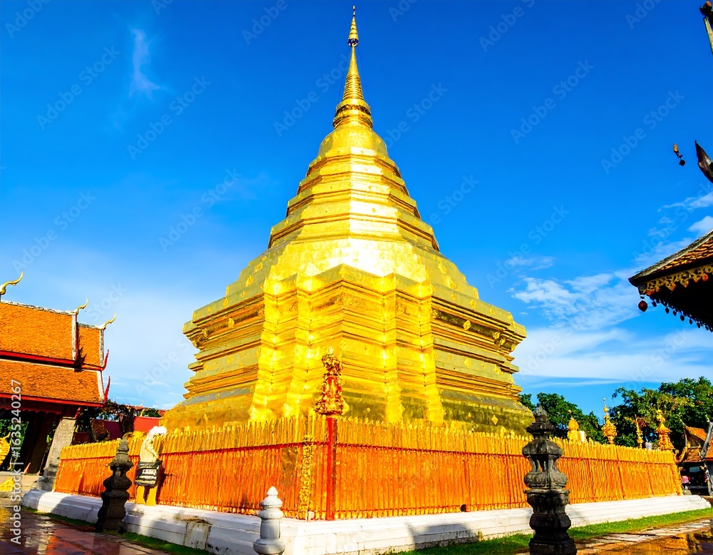 Naklejka premium Golden pagoda against a vibrant blue sky
