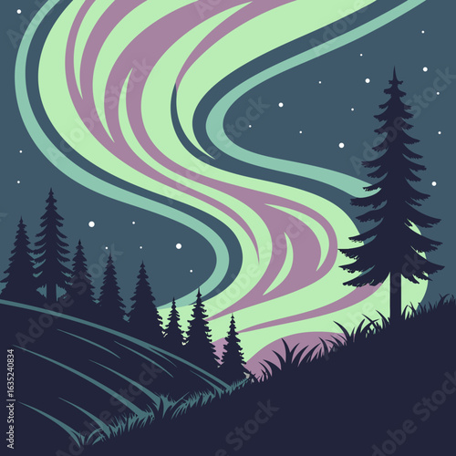 Night sky with vector aurora borealis.