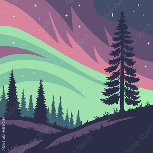 Night sky with vector aurora borealis.