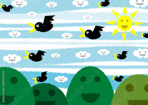 青い空に白い雲と太陽と山とカラスのキャラクターをラフなタッチ、手描き、落書き風に描き、ほのぼの、笑いを意識して色付きでデザインしたベクター・イラストの背景、壁紙