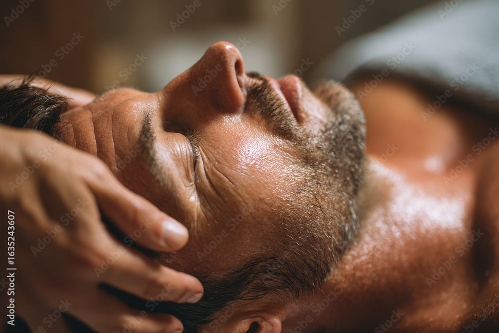 Naklejka premium Detailed view of a soothing minimalist massage on a Latin man by a spa therapist