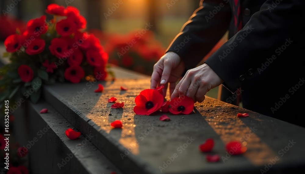 Fototapeta premium People stand in reverence at a memorial with red poppies, commemorating veterans and honoring their service on Veterans Day