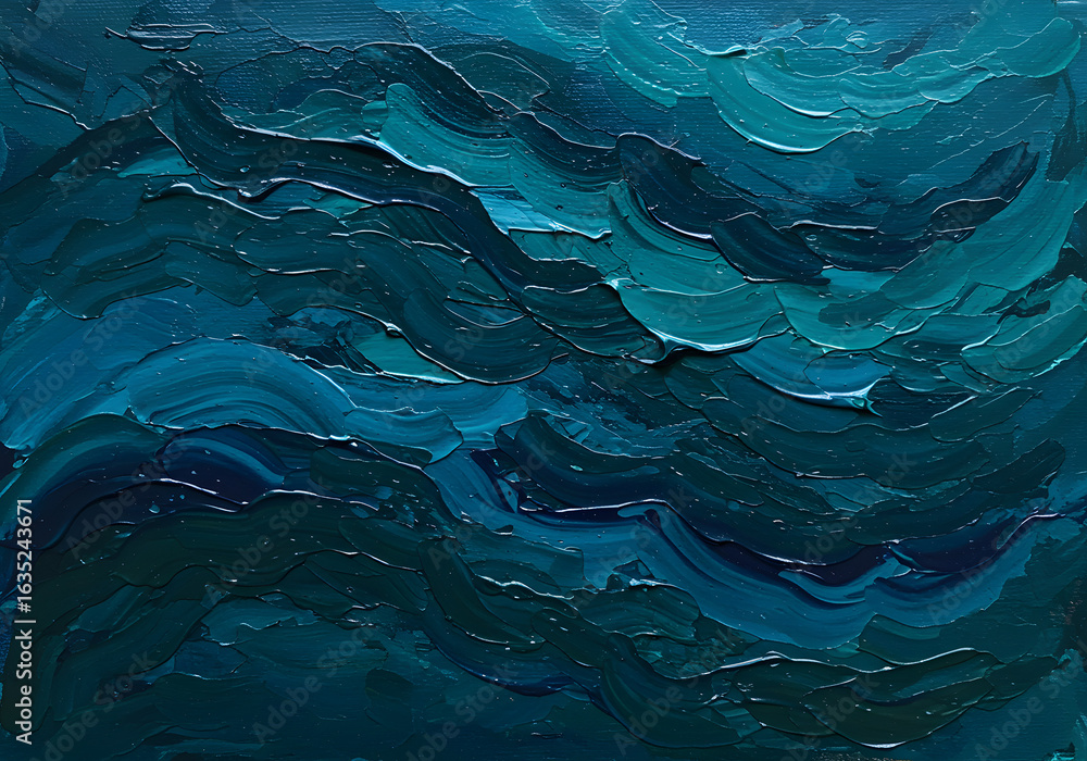 Obraz premium An abstract painting depicting ocean waves in varying shades of blue and teal, created with thick brushstrokes and texture.