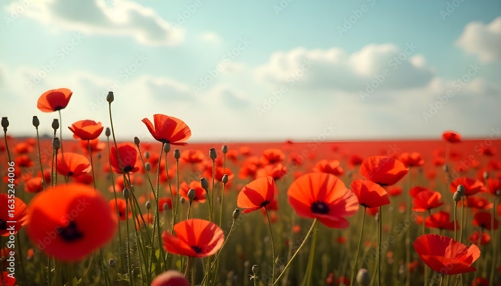 Obraz premium A field of red poppies, representing patriotism and reflection for veterans on Remembrance Day and Veterans Day