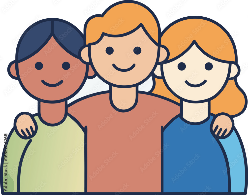 Three diverse friends embracing with arms around shoulders people togetherness style vector illustration EPS file download Three diverse friends embracing with arms around shoulders people togetherness style vector illustration EPS file download