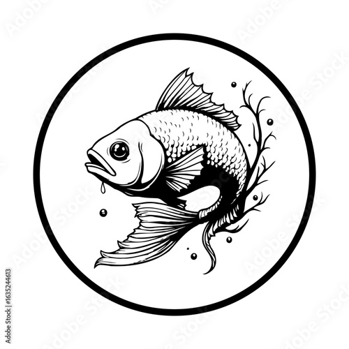 Elegant fish illustration in a minimalist black and white circle design art with beautiful details