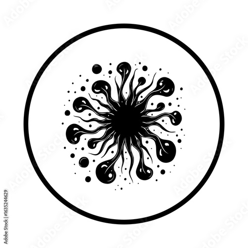 Black and white virus illustration inside a circle showcasing viral infection and spread with decorative elements depicting molecular biology