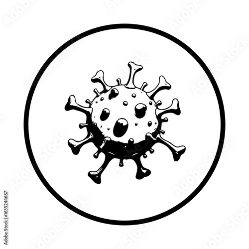 Black and white coronavirus illustration represents global health crisis and urgent need for scientific advancements to combat infectious viruses