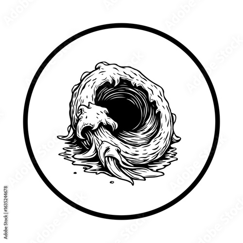 Dramatic wave illustration capturing the raw power and beauty of the ocean's fury within circular frame
