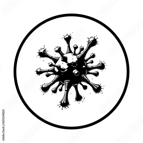 Detailed illustration of a coronavirus cell inside a circle showcasing the viral particle's structure and global impact during a pandemic