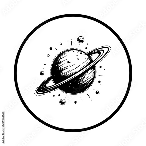 Artistic representation of saturn in a minimalistic black and white drawing showcasing its iconic rings and surrounding celestial elements