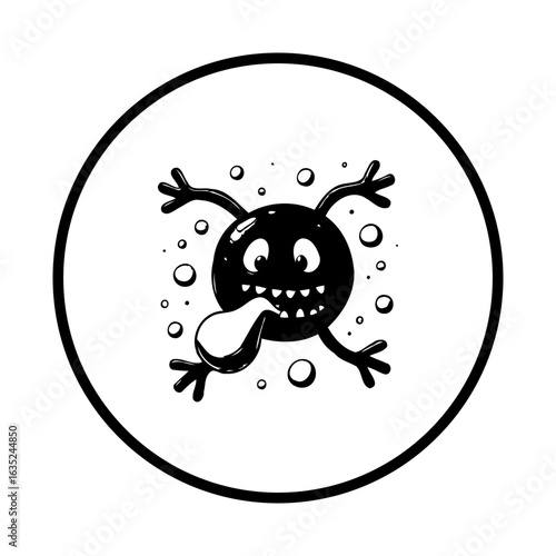 Funny comical germ or bug with tongue hanging out in black and white circle vector illustration