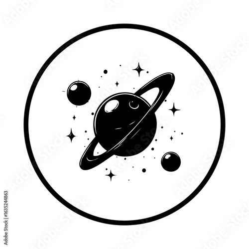 Enchanting saturn silhouette within a cosmic circle capturing the essence of space exploration and celestial wonders in monochrome