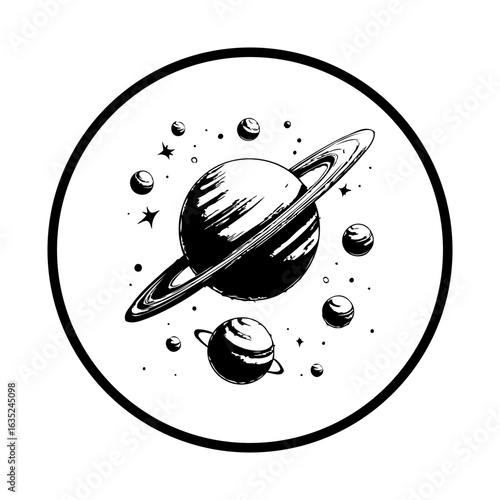 Detailed black and white illustration of planets in space showcasing celestial bodies and cosmic elements within a circular frame
