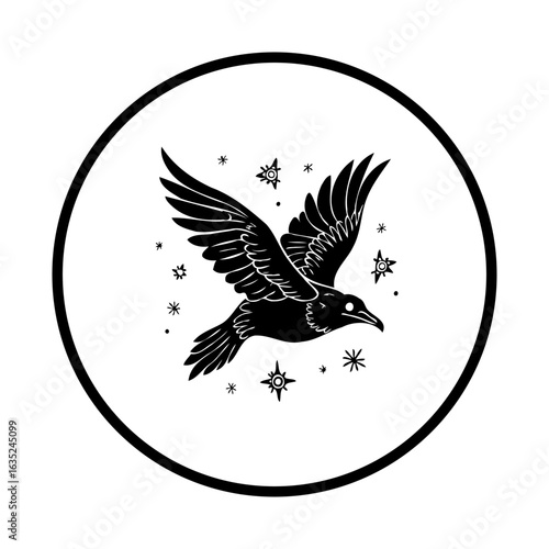 Raven in flight with stars vector illustration, a bird soaring through the mystical night sky with sparkling astral bodies