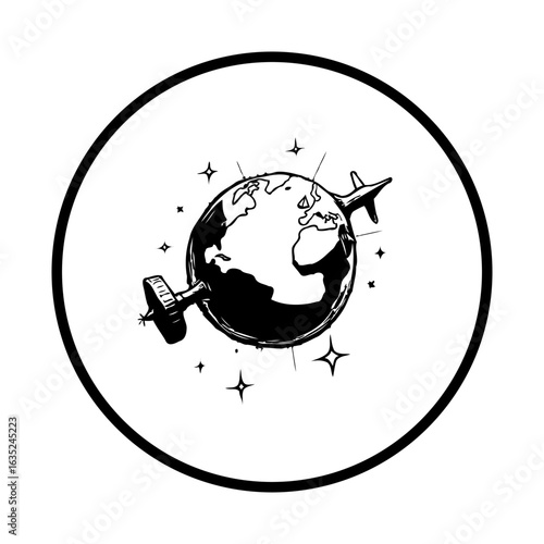 Illustration of earth with airplane and dumbbell showcasing global fitness and healthy travel lifestyle concept highlighting the connection between physical activity and adventures