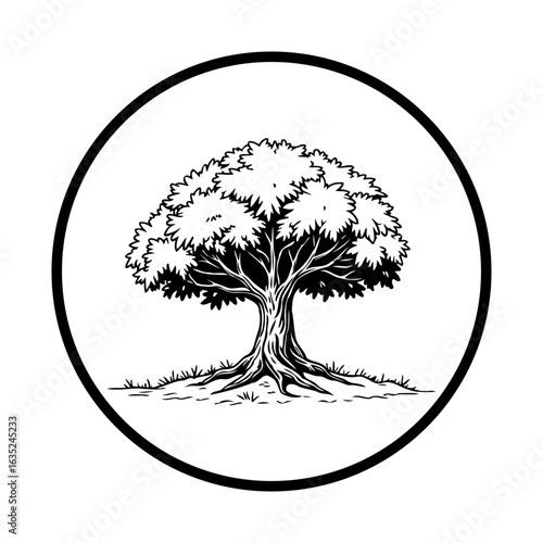 Black and white elegant circle tree logo design representing nature with strong roots and lush leaves