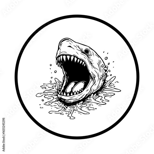 A captivating shark illustration emerging from the water, within a circular frame, creating a strong visual impact with simple and bold lines