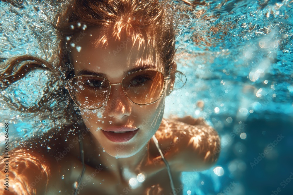 Naklejka premium attractive female in swimwear swims in the water