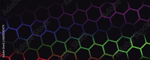 Dark hexagon abstract technology background with blue and pink colored bright flashes under hexagon. Hexagonal gaming vector abstract tech background.