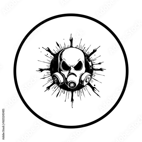 Intricate skull adorned with gas mask within a circular frame presents bold illustrative graphic design for various applications